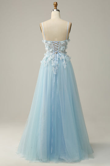 A Line Spaghetti Straps Sky Blue Ball Dress with Appliques